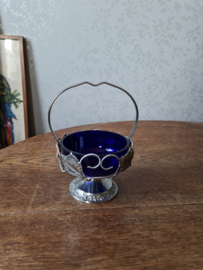 Oud blauw glazen suikerpotje in verzilverde houder