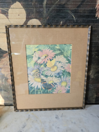 Oude bloemen vlinder prent in houten lijst
