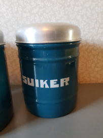 Petrol blauw emaille koffie thee suiker bussen nr2