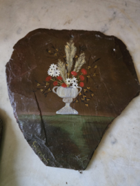 Schilderijtje op leisteen boeket bloemen