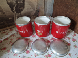 Rood emaille koffie thee suiker bussen EDY