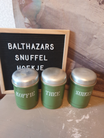 Reseda groen emaille koffie thee suiker bussen zilveren bies