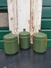 Antiek groen emaille koffie thee suiker bussen knop deksel
