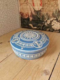 Oud blauw blikken koektrommel