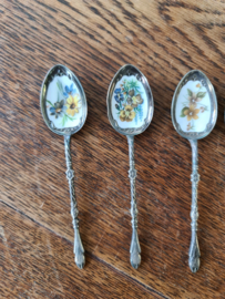 Verzilverde lepeltjes bokkenpootje emaille bloemen
