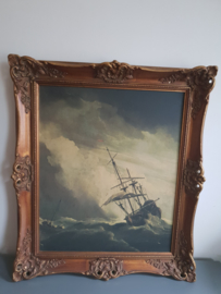Antiek  barok houten lijst print schepen op zee