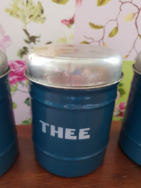Petrol blauw emaille koffie thee suiker bussen