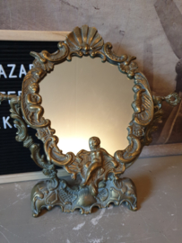 Antiek koperen tafel spiegel putti engel