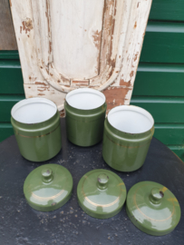 Antiek groen emaille koffie thee suiker bussen knop deksel