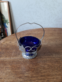 Oud blauw glazen suikerpotje in verzilverde houder