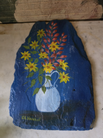 Schilderijtje op leisteen kan boeket bloemen
