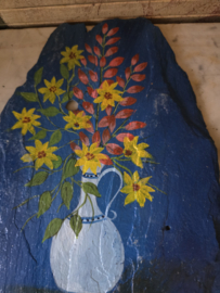Schilderijtje op leisteen kan boeket bloemen