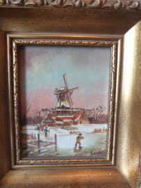 Schilderij hollands winterlandschap molen barok lijst nr2