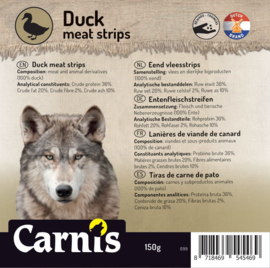 Carnis hondensnacks eendenvlees strips 150 gram.