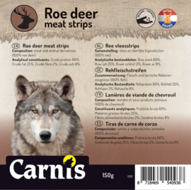 Carnis hondensnacks wildvlees strips 150 gram.