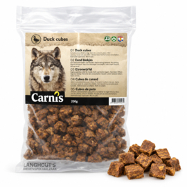 Carnis hondensnacks eendenvlees blokjes 200 gram.