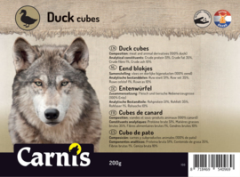 Carnis hondensnacks eendenvlees blokjes 200 gram.