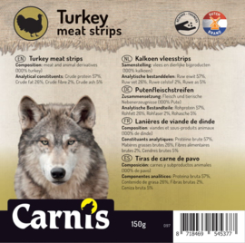 Carnis hondensnacks kalkoenvlees strips 150 gram.