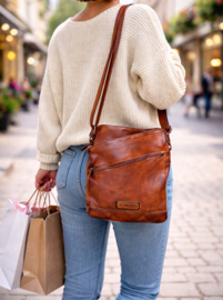 Hill-burry schoudertas gewassen leer cognac