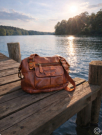 Hill-burry  leren schoudertas gewassen leer cognac