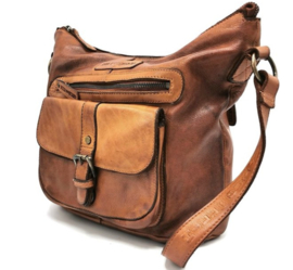 Hill-burry schoudertas gewassen leer cognac