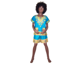 African dashiki set TURQUOISE | shirt + short | Vlisco ANGELINA | unisex maat L = 6-8 jaar