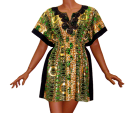 Afrikaanse dashiki jurk SONIA | kaftan-jurkje met gouden opdruk
