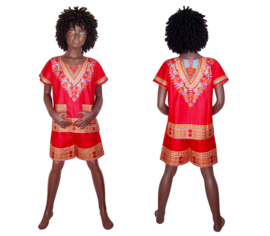 Afrikaanse dashiki set CORAL RED | shirt + short | Vlisco ANGELINA | unisex maat L = 6-8 jaar