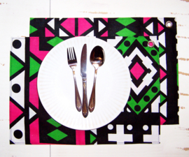 Afrikaanse PLACEMATS Samakaka groen-roze | set van 2 | african wax print  | 32,5 x 45 cm | 100% katoen Ankara stof