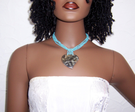 SCHELP ketting met PARELMOER HART turquoise | Ibiza style