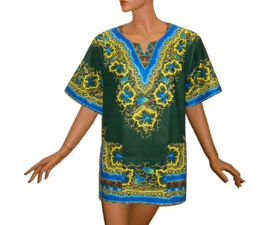 Afrikaans dashiki shirt  GREEN-FLOWERS | Vlisco JAVA | unisex