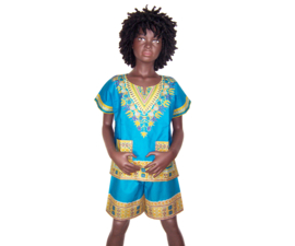 African dashiki set TURQUOISE | shirt + short | Vlisco ANGELINA | unisex maat L = 6-8 jaar