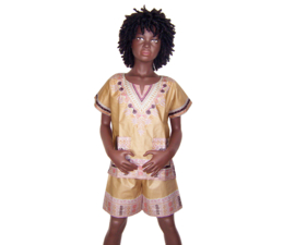 African dashiki set KHAKI | shirt + short | Vlisco ANGELINA | unisex maat L = 6-8 jaar