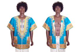 Dashiki vest/shirt met witte rits TURQUOISE Vlisco ANGELINA