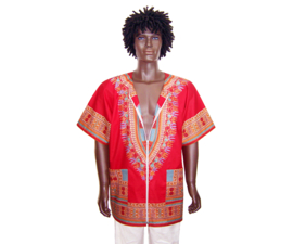 Dashiki vest/shirt met witte rits CORAL RED Vlisco ANGELINA