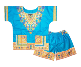 African dashiki set TURQUOISE | shirt + short | Vlisco ANGELINA | unisex maat L = 6-8 jaar