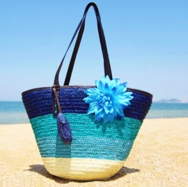 STRANDTAS BLOEM blauw | zomerse shopper van stro