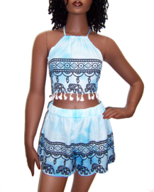 STRAND SETJE top + short | lichtblauw met batik print | mt 38
