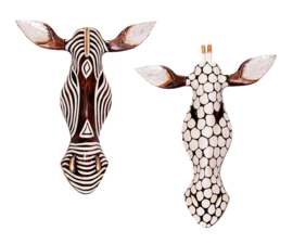 55 cm Set houten maskers ZEBRA + GIRAFFE - dierenmaskers | set #1