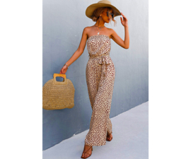 Wide leg Jumpsuit CREAM / BROWN | strapless | maat L