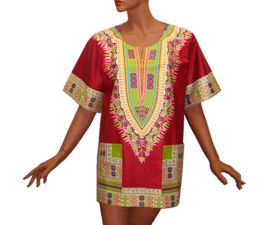 Afrikaans dashiki shirt  DARK RED-GREEN | Vlisco ANGELINA | unisex