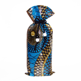BLUE PARTY wijntas van afrikaanse wax print | wine bag met koord en houten kralen