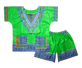 African dashiki set GREEN-BLUE | shirt + short | Vlisco ANGELINA | unisex maat L = 6-8 jaar