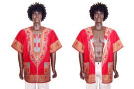 Dashiki vest/shirt met witte rits CORAL RED Vlisco ANGELINA