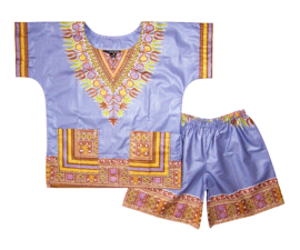 Afrikaanse dashiki set LILA | shirt + short | Vlisco ANGELINA | unisex maat L = 6-8 jaar