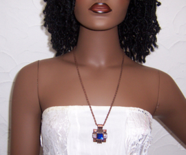 Metalen ketting | Vintage look hanger met steentjes | blauw