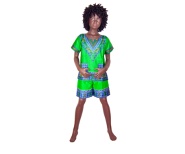 African dashiki set GREEN-BLUE | shirt + short | Vlisco ANGELINA | unisex maat L = 6-8 jaar