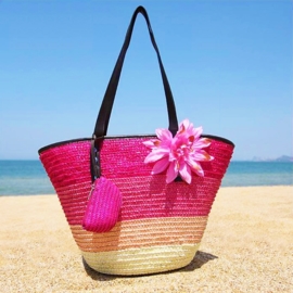 STRANDTAS BLOEM roze | zomerse shopper van stro