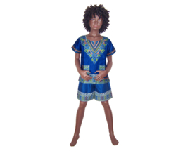 African dashiki set BLUE | shirt + short | Vlisco ANGELINA | unisex maat L = 6-8 jaar