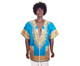 Dashiki vest/shirt met witte rits TURQUOISE Vlisco ANGELINA